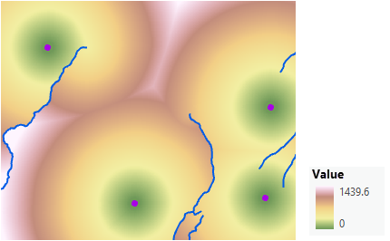 Map of straight-line distance adjusting for barriers and the surface distance