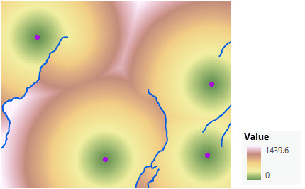 Map of straight-line distance from four ranger stations incorporating barriers and surface distance